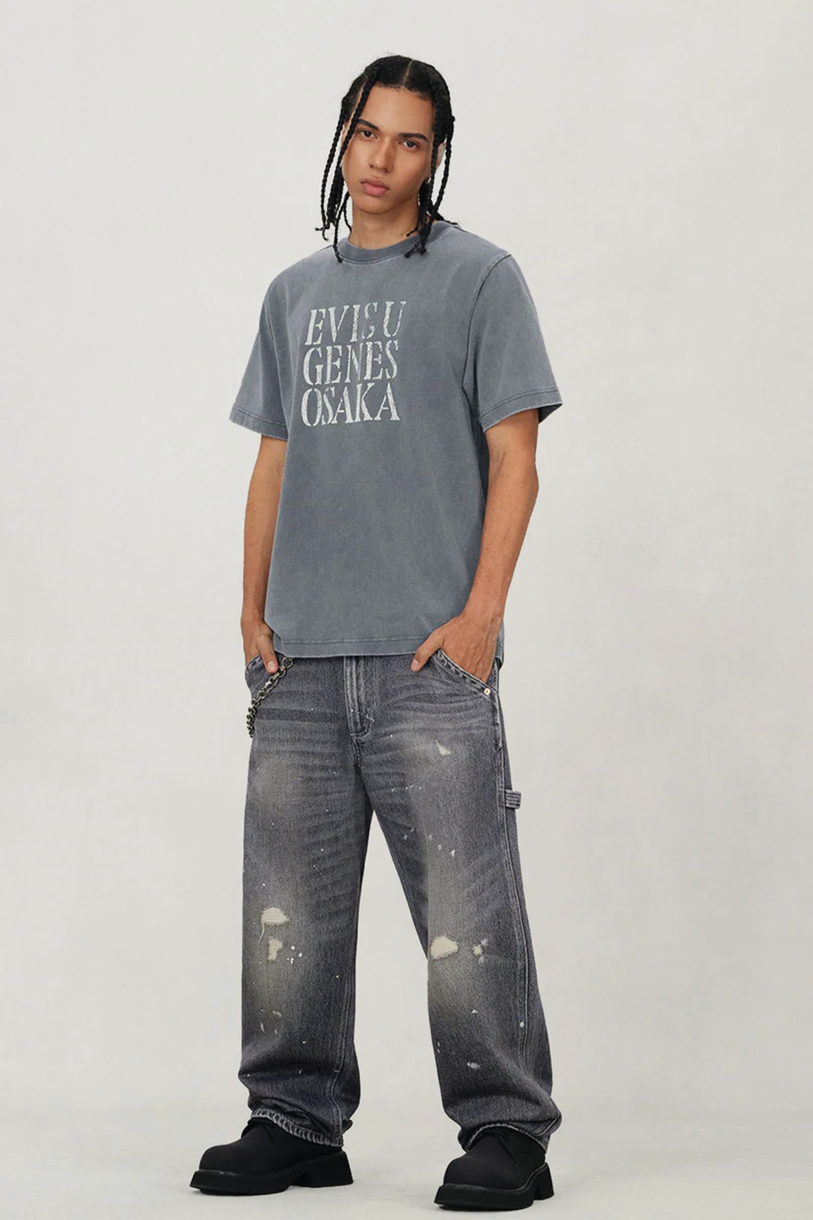  Evisu Washed And Distressed Daicock Print Relax Fit Jeans Uomo Grigio - 3