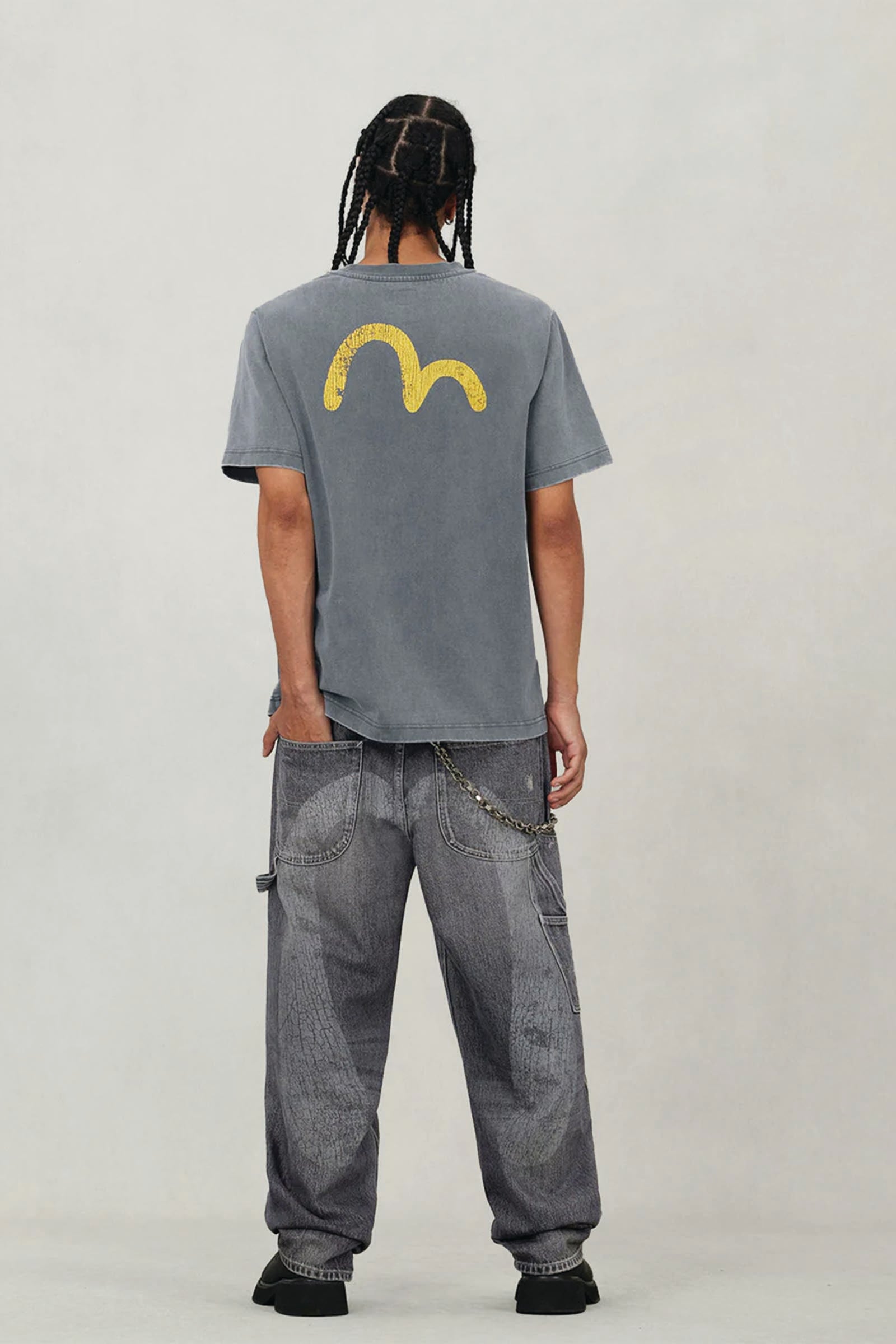  Evisu Washed And Distressed Daicock Print Relax Fit Jeans Uomo Grigio - 4