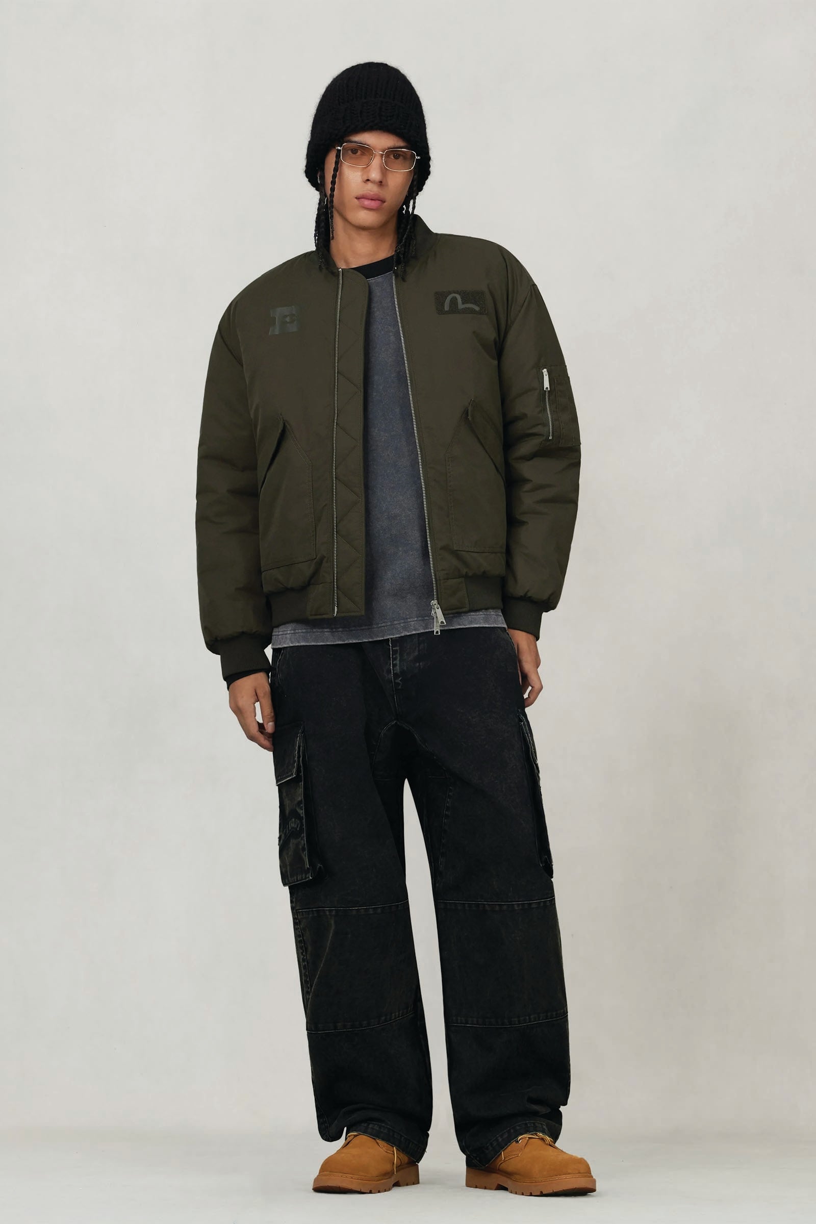  Evisu E And Seagull Appliqué Print Regular Fit Bomber Jacket Verde Uomo Khaki - 2