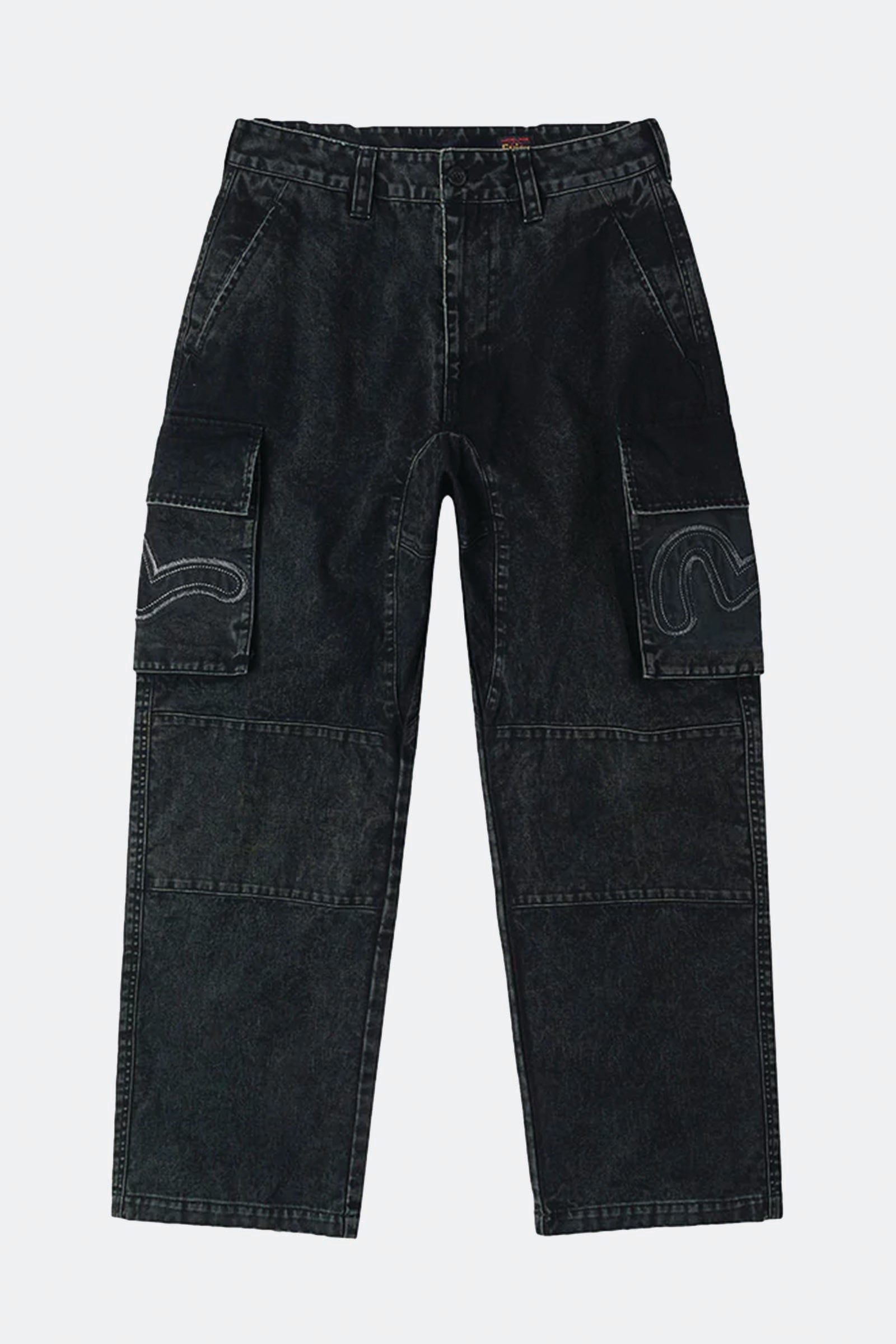  Evisu Distressed Seagull Appliqué Embroidery And Multi-pocket Loose Fit Cargo Pants Uomo Nero - 1