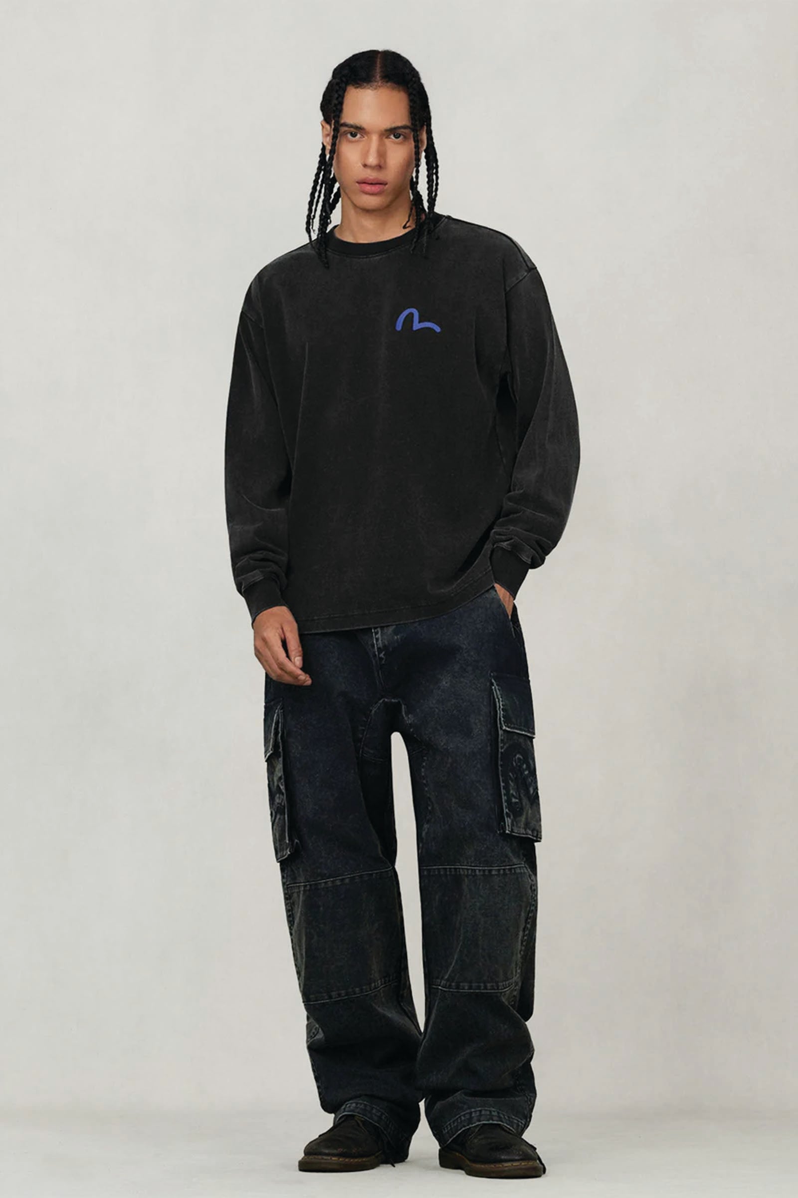  Evisu Distressed Seagull Appliqué Embroidery And Multi-pocket Loose Fit Cargo Pants Uomo Nero - 3