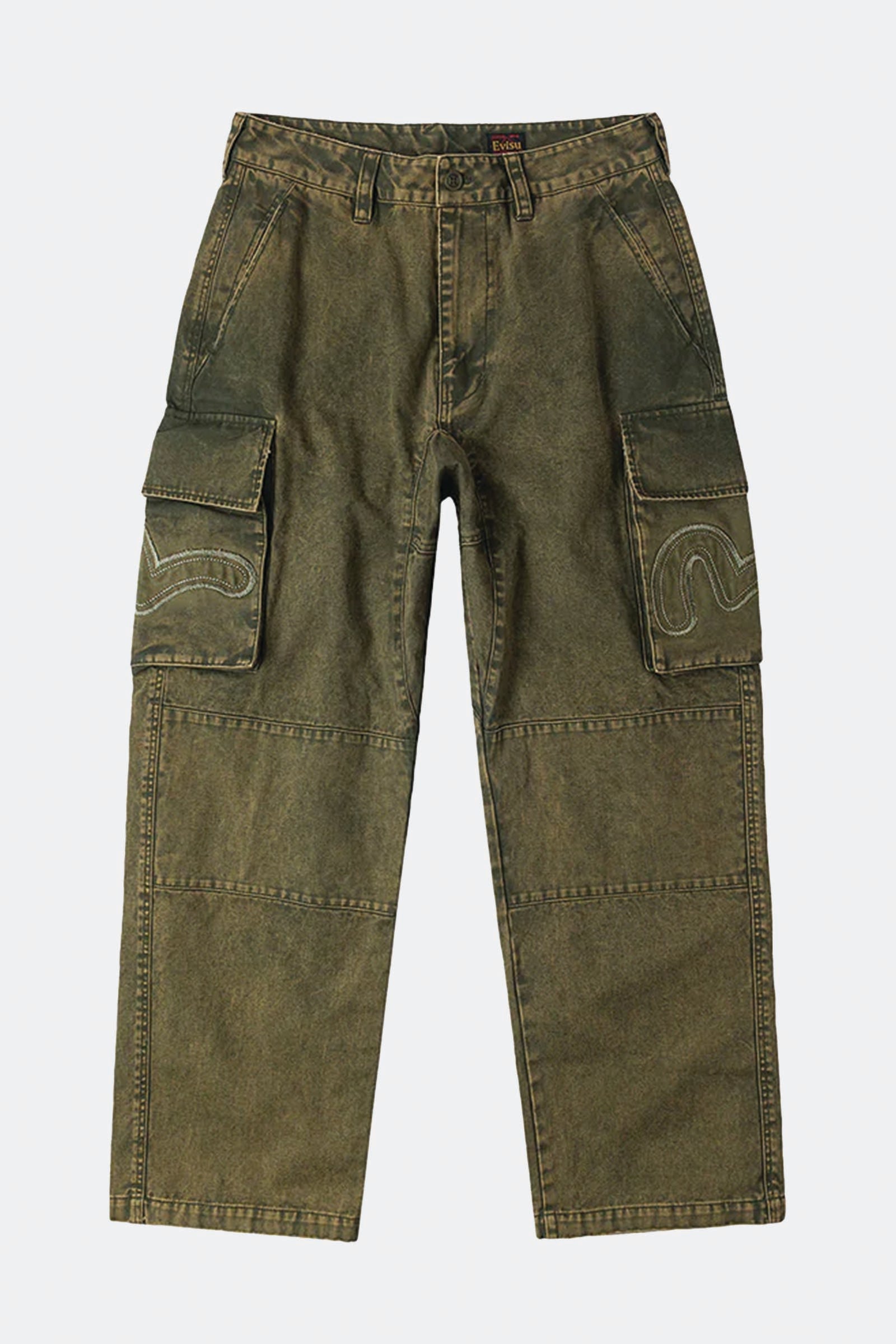  Evisu Distressed Seagull Appliqué Embroidery And Multi-pocket Loose Fit Cargo Pants Verde Uomo Kaki - 1