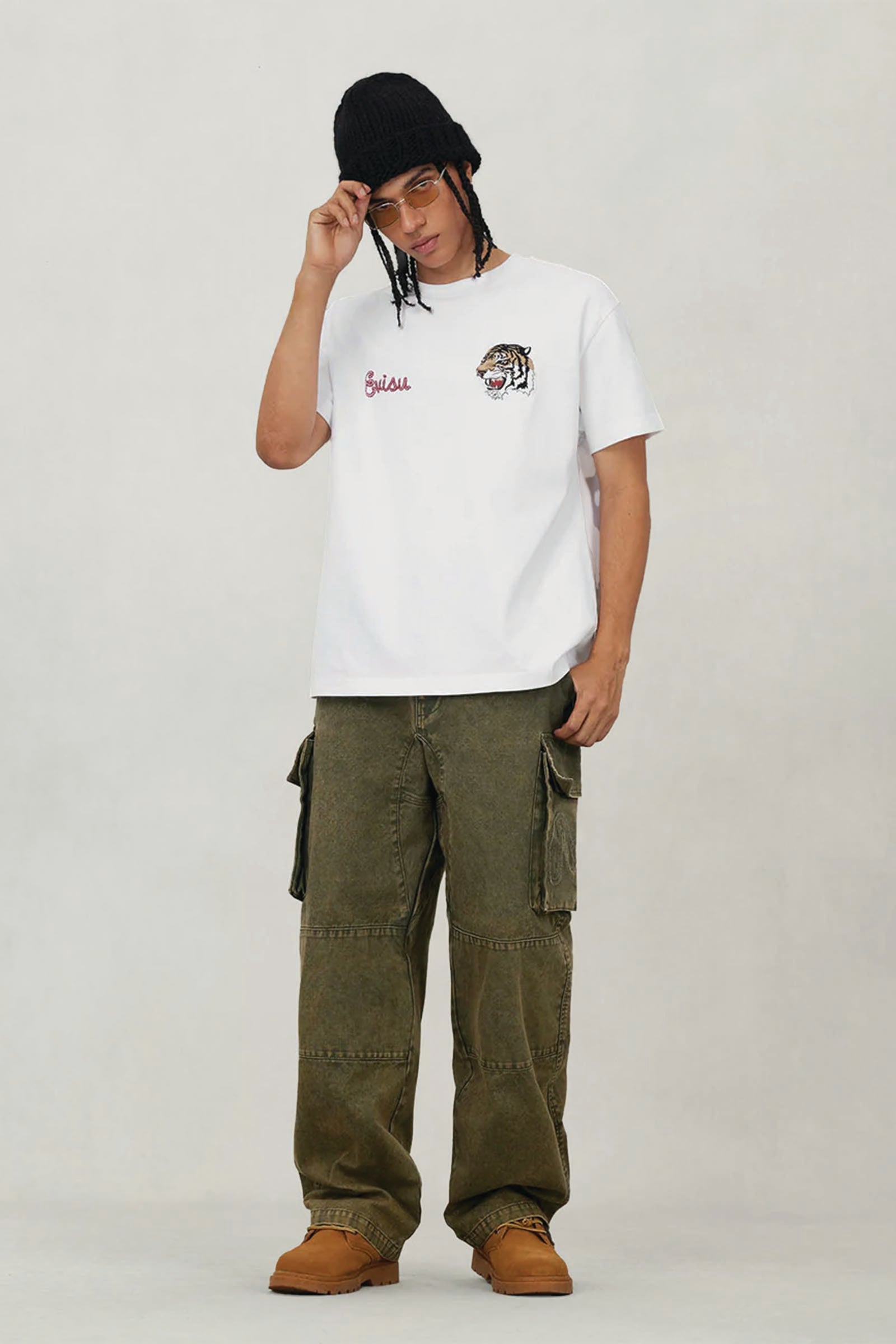  Evisu Distressed Seagull Appliqué Embroidery And Multi-pocket Loose Fit Cargo Pants Verde Uomo Kaki - 3