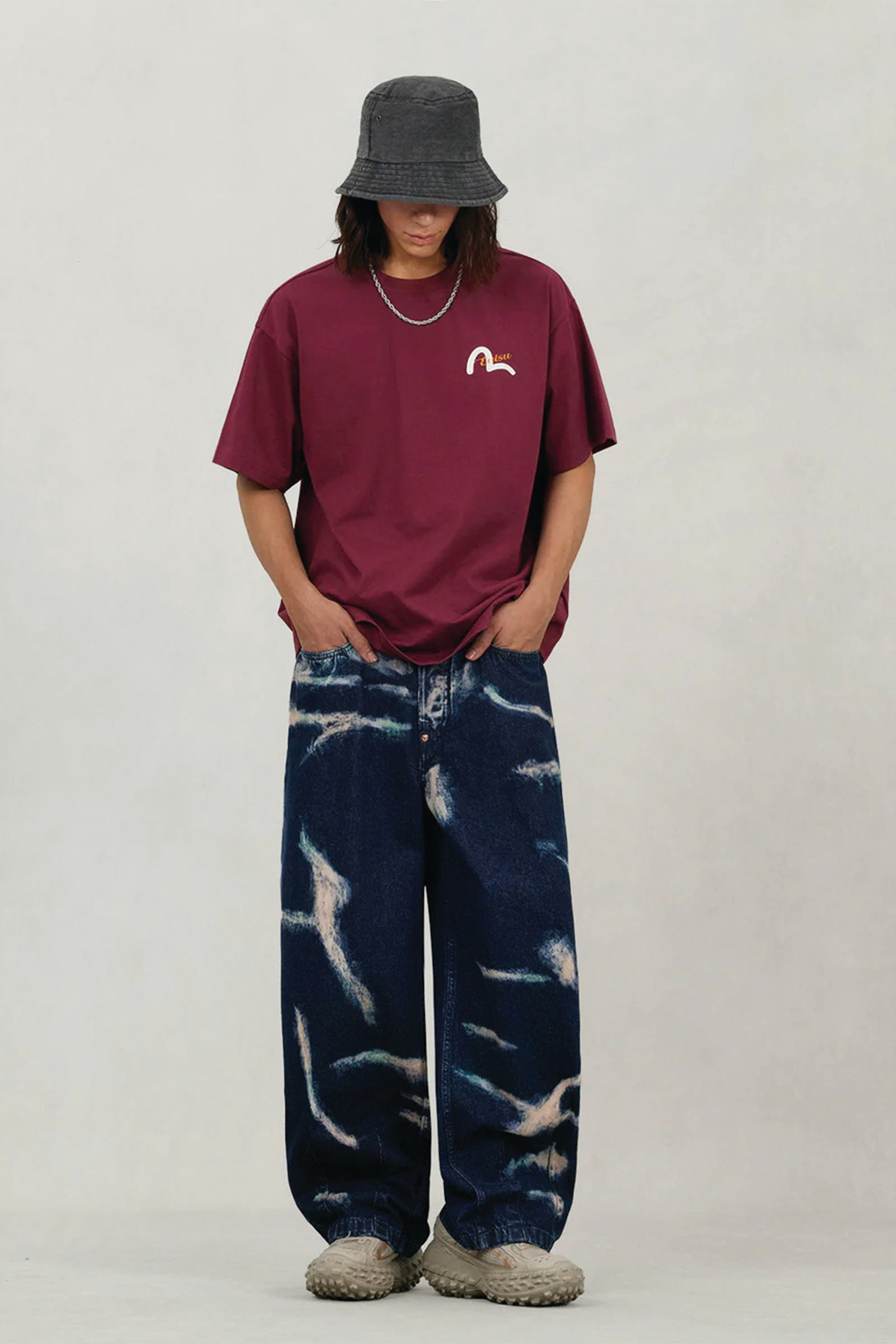  Evisu Henohenomohe Godhead Embroidery Relax Fit T-shirt Viola Uomo Bordeaux - 3