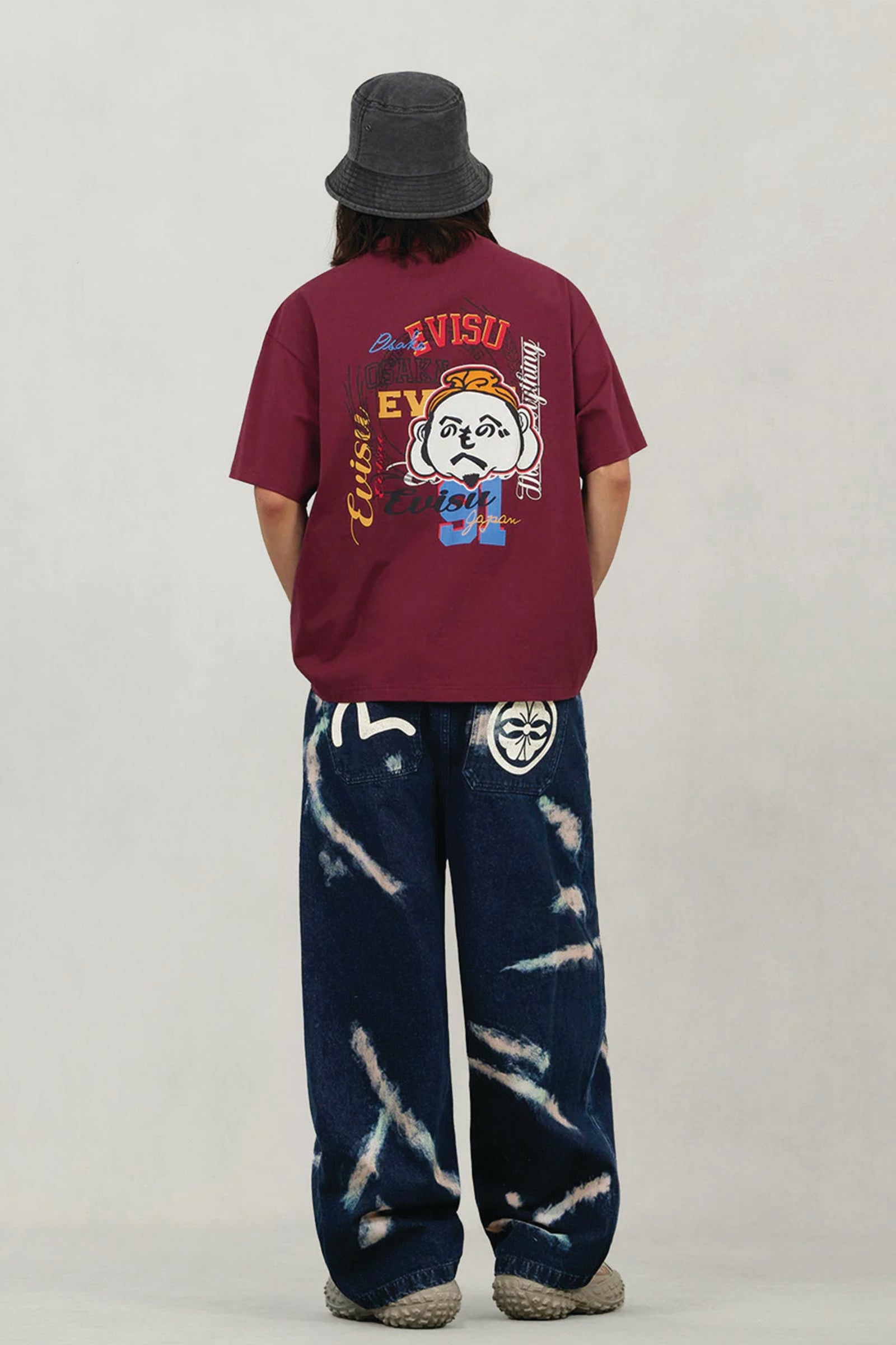  Evisu Henohenomohe Godhead Embroidery Relax Fit T-shirt Viola Uomo Bordeaux - 4