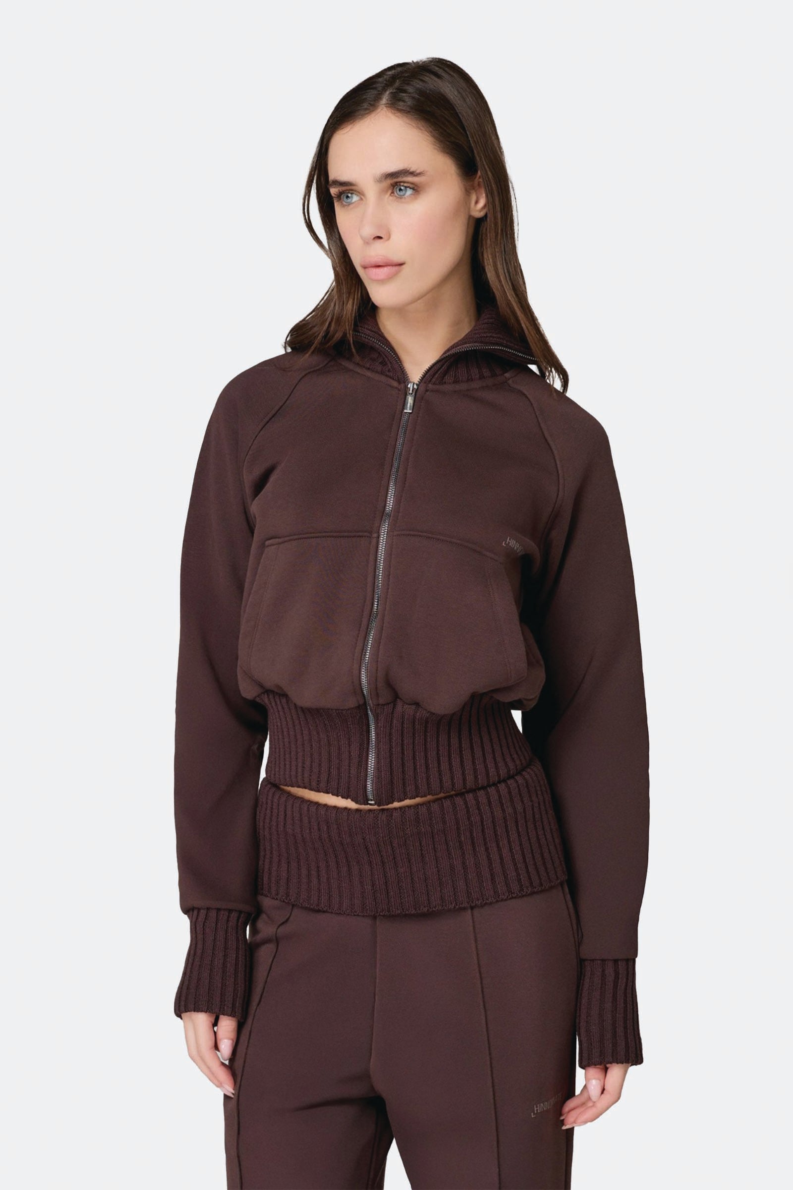  Hinnominate Felpa Collo Alto Full Zip Con Inserti In Maglia Marrone Donna Moro - 3